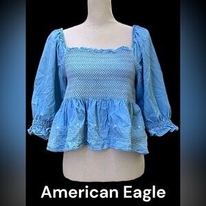 American Eagle-medium Cottagecore Denim Embroidered Puff Sleeve Boho Blouse EUC!